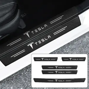 1/4/5/8/9Pcs Carbon Fiber Leather Car Door Threshold Sill Protector Stickers Car Door Trim Sticker Trunk Bumper Anti-Scratch Protection Decals For Tesla Model 3 Model Y Model X Model S Cybertruck Juniper SpaceX Roadster Highland Accessories