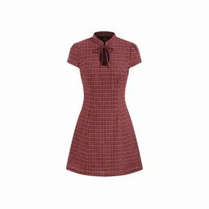 Cider Cotton-blend Mandarin Collar Tartan Cut Out Bowknot Puff Sleeve Mini Dress