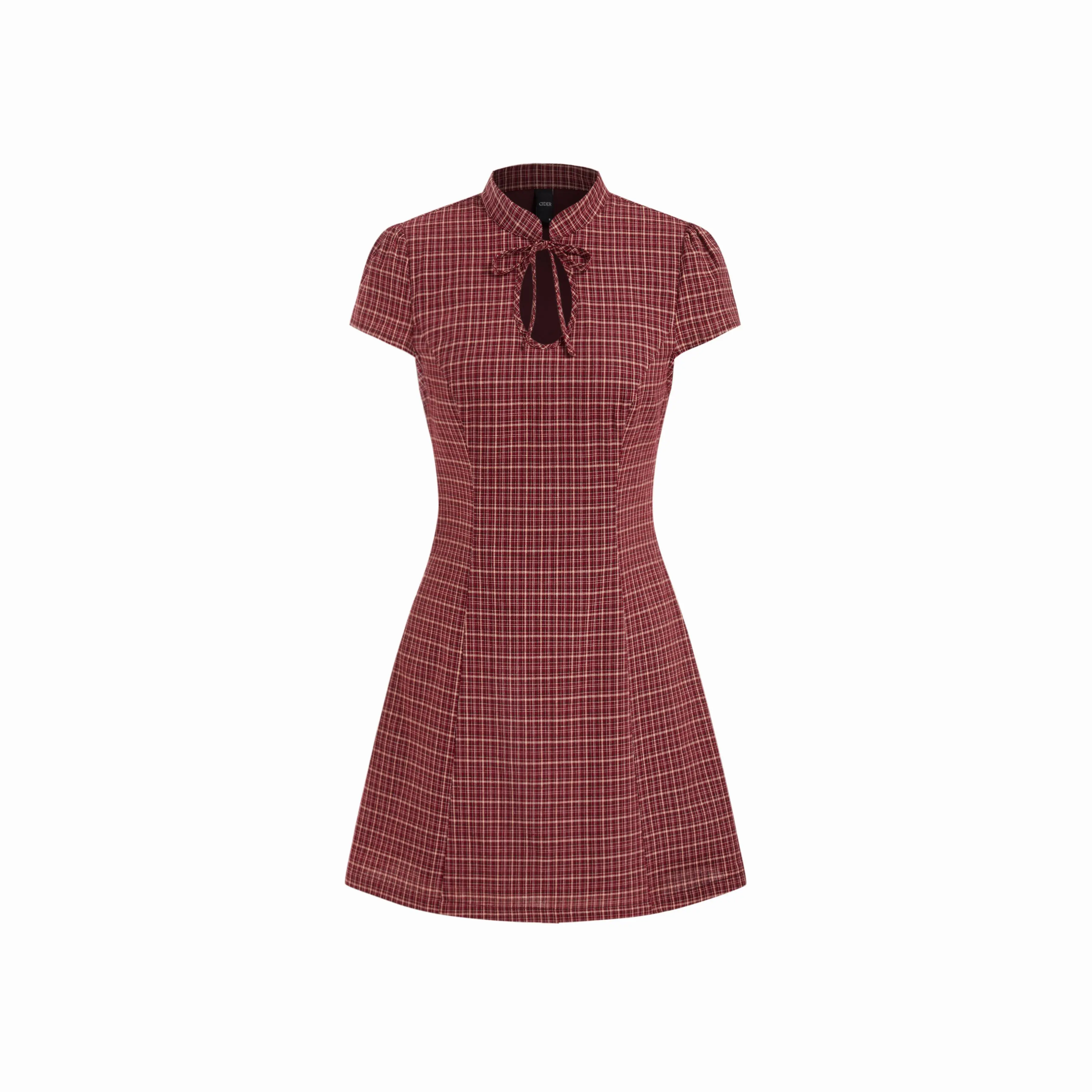 Cider Women's Cotton-Blend Princess Aesthetic Tartan Mini Dress - Puff Sleeves, Mandarin Collar, Cutout Bow, A-Type Silhouette, Cute Fashion Casual Short Dress