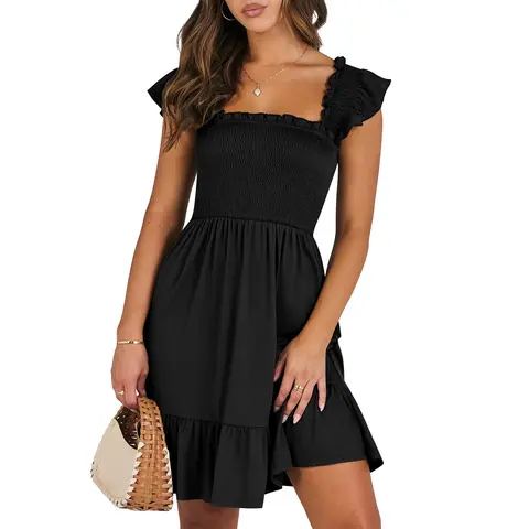 ANRABESS Womens Summer Casual Sleeveless Square Neck Smocked Ruffle Backless Boho Mini Dress 2026 Sundress Beach Vacation Outfits