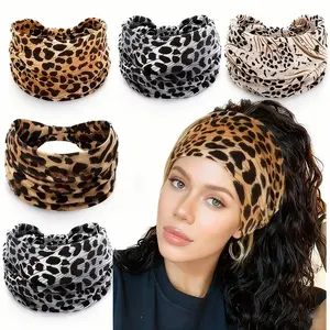 Leopard Print 5 Piece Set Headbands for Women Wide Non Slip Boho Hair Band Knotted Workout Yoga Turban Wraps Comfortable Hair Accessories