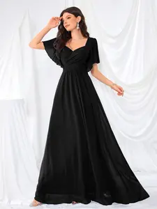 Elegant V-Neck Ruched Flare Sleeve Waist Cinching Pleated Solid Color Chiffon A-Line Fitted Bridesmaid Dress, Women's Formal Evening Party Gown
