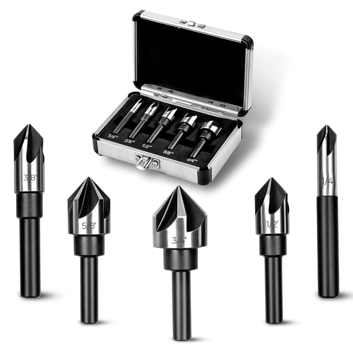 Countersink Drill Bit Set, Countersink Bit, HSS4241 Counter Sink, 82  Countersink 1/4'' 3/8'' 1/2'' 5/8'' 3/4'', 5 Flute Pcs for , Plywood, Plastic, Mild  with Aluminum Case
