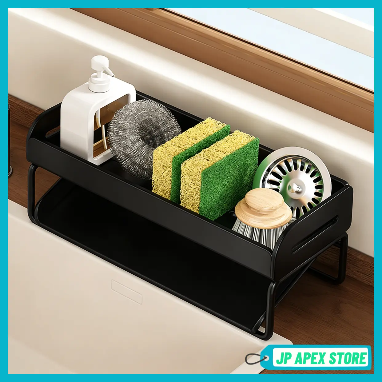 Stainless Steel Kitchen Sink Sponge Holder - High Brush Holder, Divided Compartment, Dish Soap Dispenser Storage Organizer Rack