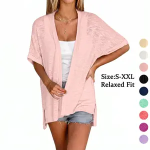 Women's 2026 Oversized Shortsleeve Open-Front Kimono Cardigan Coat - Lightweight Summer Beach Coverup, Plus Size Loose Minimalist Batwing Knit Top for Daily Outdoor Wear