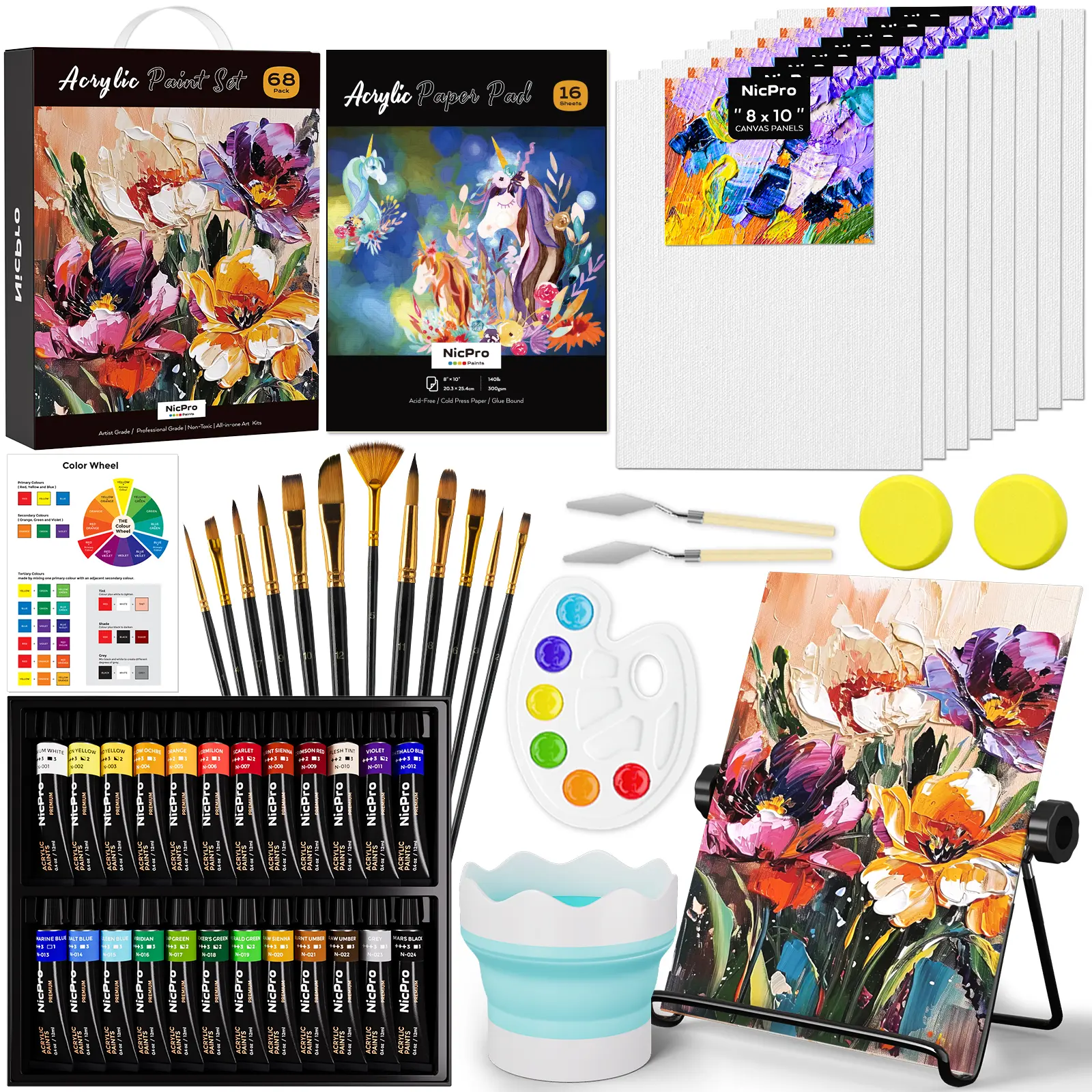 Nicpro 68-Pack Complete Painting Supplies Kit for Adult Hand Painting & Art Crafting - Beginner Art Kit with 24 Paints, Table Easel, 8 Panels, 12 Brushes, Paper Pad, Cleaning Cup, Sponge, Palette (Complete Tools Included)
