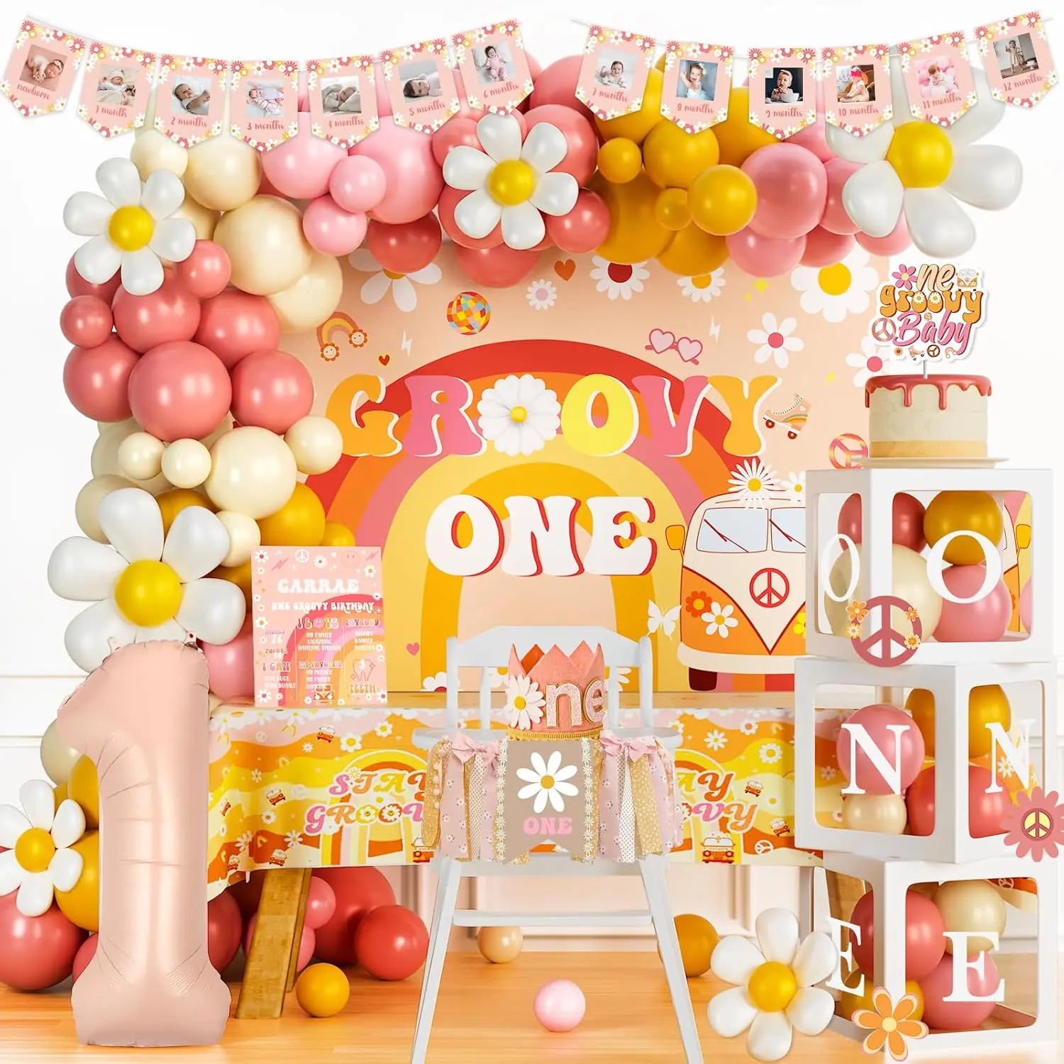 Groovy Boho Daisy First Birthday Party Kit for Girls with Balloon Garland & Backdrop Set
