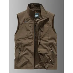 Lightweight Breathable Men's Sleeveless Fishing Vest |   Multi-Pocket Design, Stand Collar & Embroidery |   Durable Polyester for Outdoor Hiking, Running, Casual Wear |