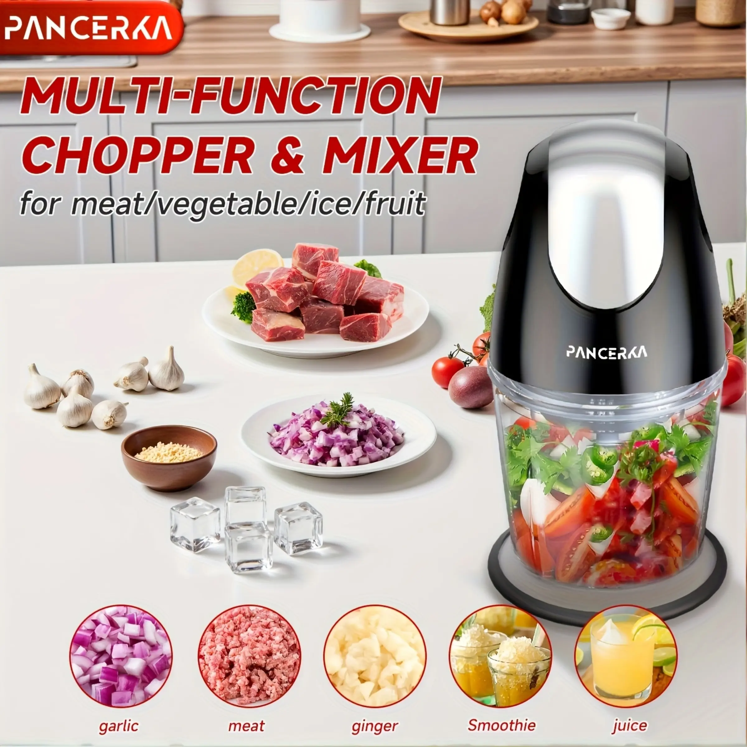 PANCERKA 600ml Electric Mini Food Chopper, Press-Type Food Processor with 4 Stainless Steel Blades, Vegetable Chopper for Garlic, Meat, Nuts, Herbs and Purees
