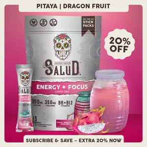 Salud 2-in-1 [Energy + Focus – Pitaya | Dragon Fruit] Clean Energy Drink Mix, Agua Fresca, Organic Caffeine (200mg), L-Theanine (350mg), L-Tyrosine, Vegan, Non-GMO, Gluten Free, Low Calorie, 1g Sugar (15 Servings)