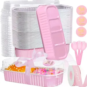 50 Pack Mini Loaf Pans with  and Spoons, 6.8 Oz Mini Cake Pans with  for Baking, Disposable Rectangle  Foil Loaf Pan with Ribbon Stickers,Small Cake Containers Tin()