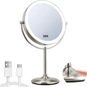 9" Lighted Makeup Mirror, 1X/20X Rechargeable Magnifying Mirror with 3 Color Dimmable Lights for Bedroom Tabletop, Base  and , Women