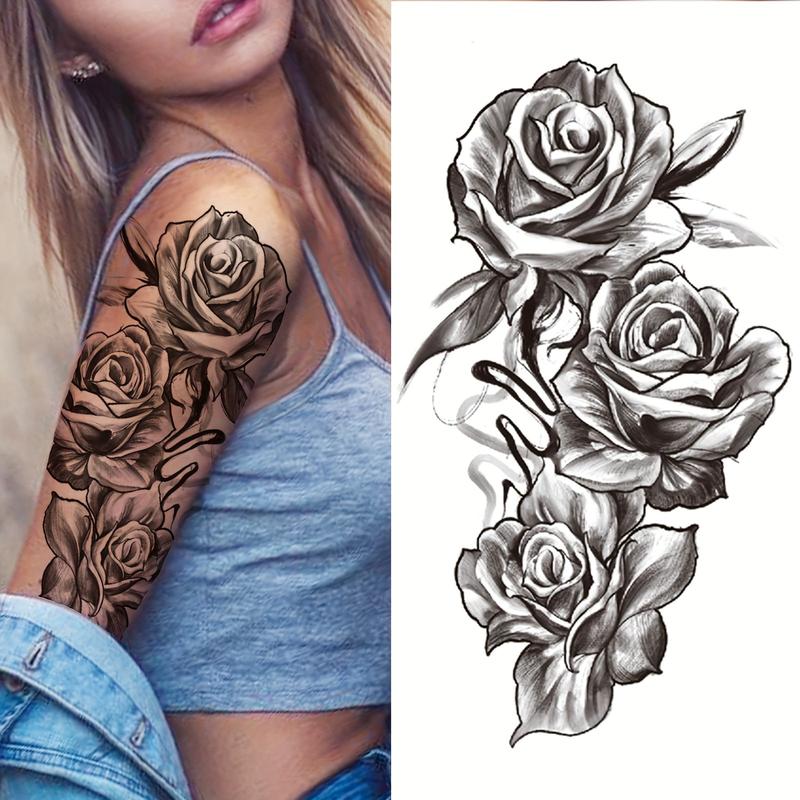 Women's Realistic Black Floral with Green Leaves Temporary Tattoos - 6 Stickers (3 Fixed Designs, 3 Random), PVC Glitter, Butterfly Accents, Waterproof, Long-Lasting, Unscented, Solid, Casual Single Item for Beauty & Personal Care Tattoo Art