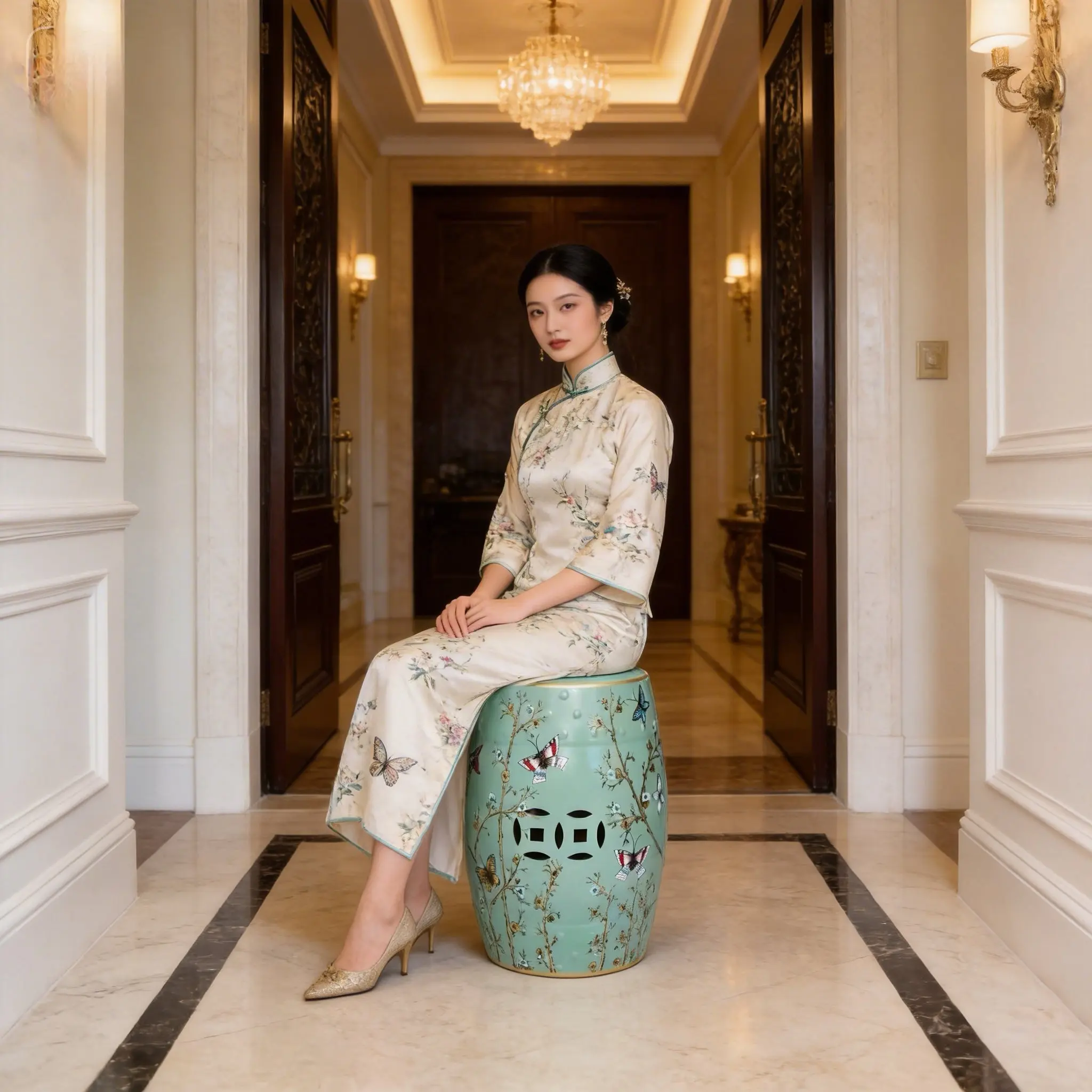 Handmade High-Fire Ceramic Accent Stool - Armless Backless Drum Stool with Hidden Storage, Footrest, 13.8x18 in Classic Japanese Hand-Painted Sakura, Peonies, Birds & Flowers, Living Room Seat, Bedroom Bedside Table, Patio Use