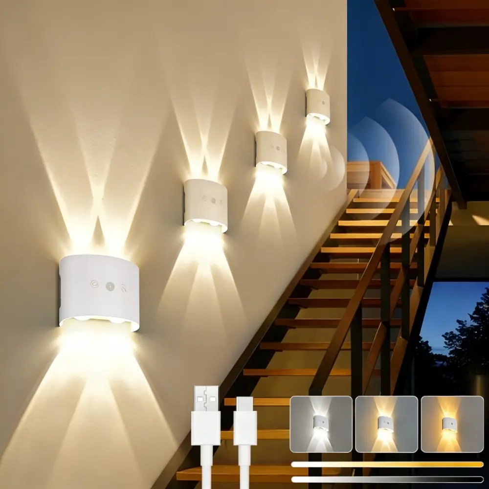 1/4pcs LED Motion Sensor Step Light, Touch Control, 3Colors Rechargeable LED Stair Light, Dimmable Wall Lamp, Cordless LED Wall Night Lights for Steps, Bedroom, Hallway, Adjustable Lights, Home Lighting, Electronic Lamp