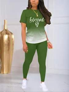 Women's Ombre Print Tee & Fitted Skinny Pants Two-piece Set, Casual Short Sleeve T-shirt & Trousers, Ladies Summer Clothes for Daily Wear