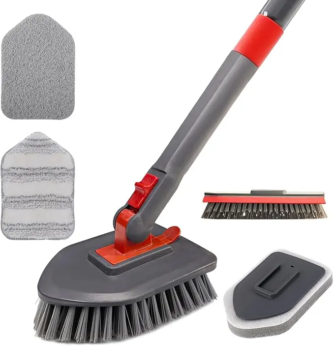 4 in 1 Shower Scrubber Cleaning Brush, Tub and Tile Scrubber with Long Handle, Grout Brush Stiff Bristles Scrub Sponge Brushes Microfiber Pad, for Toilet Bathroom Kitchen Wall Floor Glass Bathtub Sink, Gift, Cleaner