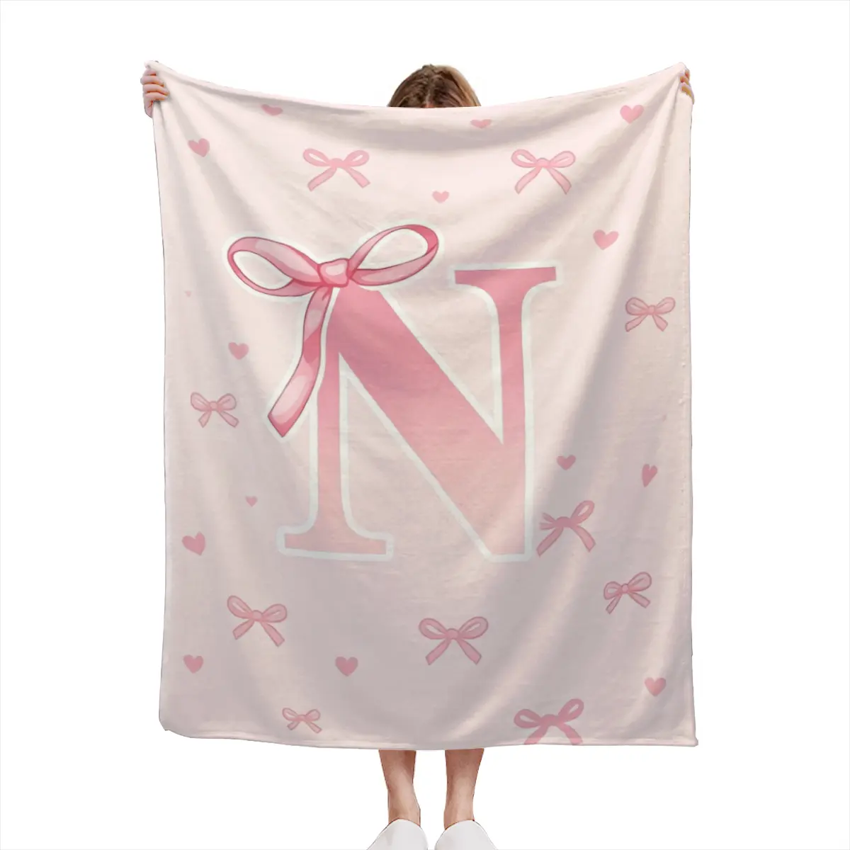 Pink Heart & Bow Checkerboard Flannel Blanket, Soft Plush Throw for Home Decor & Couch, Coquette Pattern, Warm Durable Gift for Romantic & Cute Style Lovers