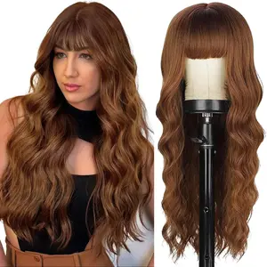 AISI HAIR New Auburn Wig with Bangs Long Wavy Curly Ginger Wig Natural Looking Heat Resistant Synthetic Curly Full Wigs for Women Daily Use Ombre Long
