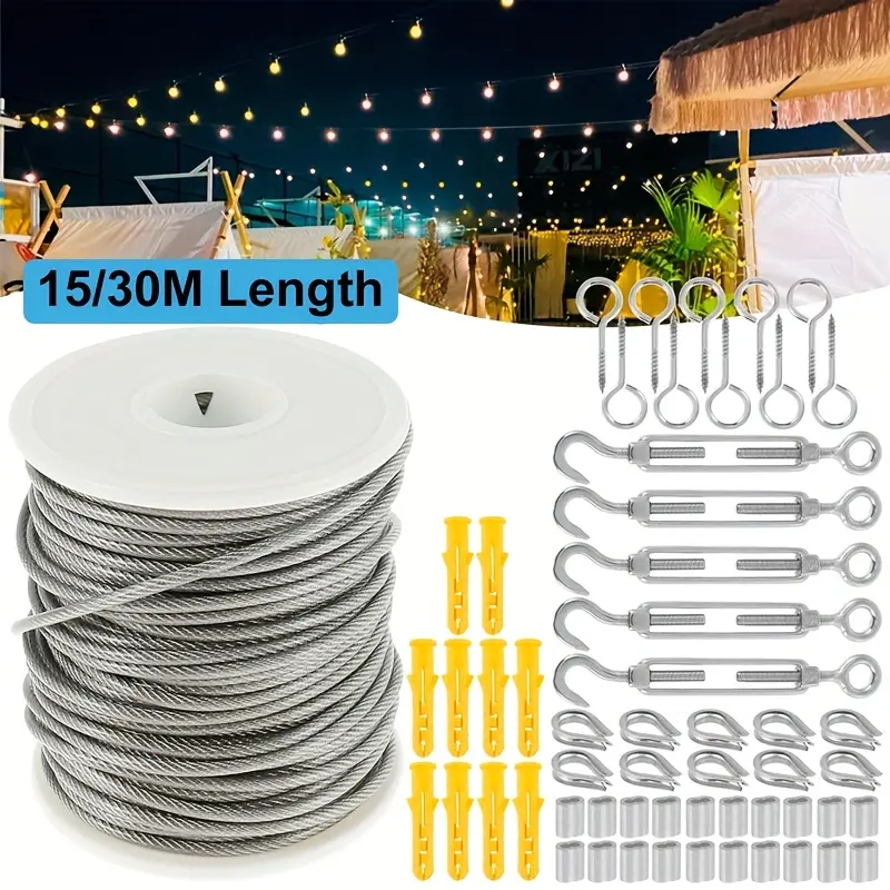 summerwins 15/30m Heavy-Duty PVC Coated 304 Stainless Steel Cable Wire Rope Roll Kit with Wires, PVC Weather Guard, Weather-Resistant for Outdoor Garden Railing Fence, Clothesline, DIY Home Projects