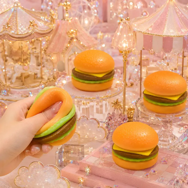 Burger Squishy Toy, Cute Hamburger Squeeze Stress Relief Toy, Soft Pressable Taba Fidget Toy, Mini Fast Food Sensory Toy for Desk Relaxation, Party Favors, Classroom Rewards, Birthday Gifts