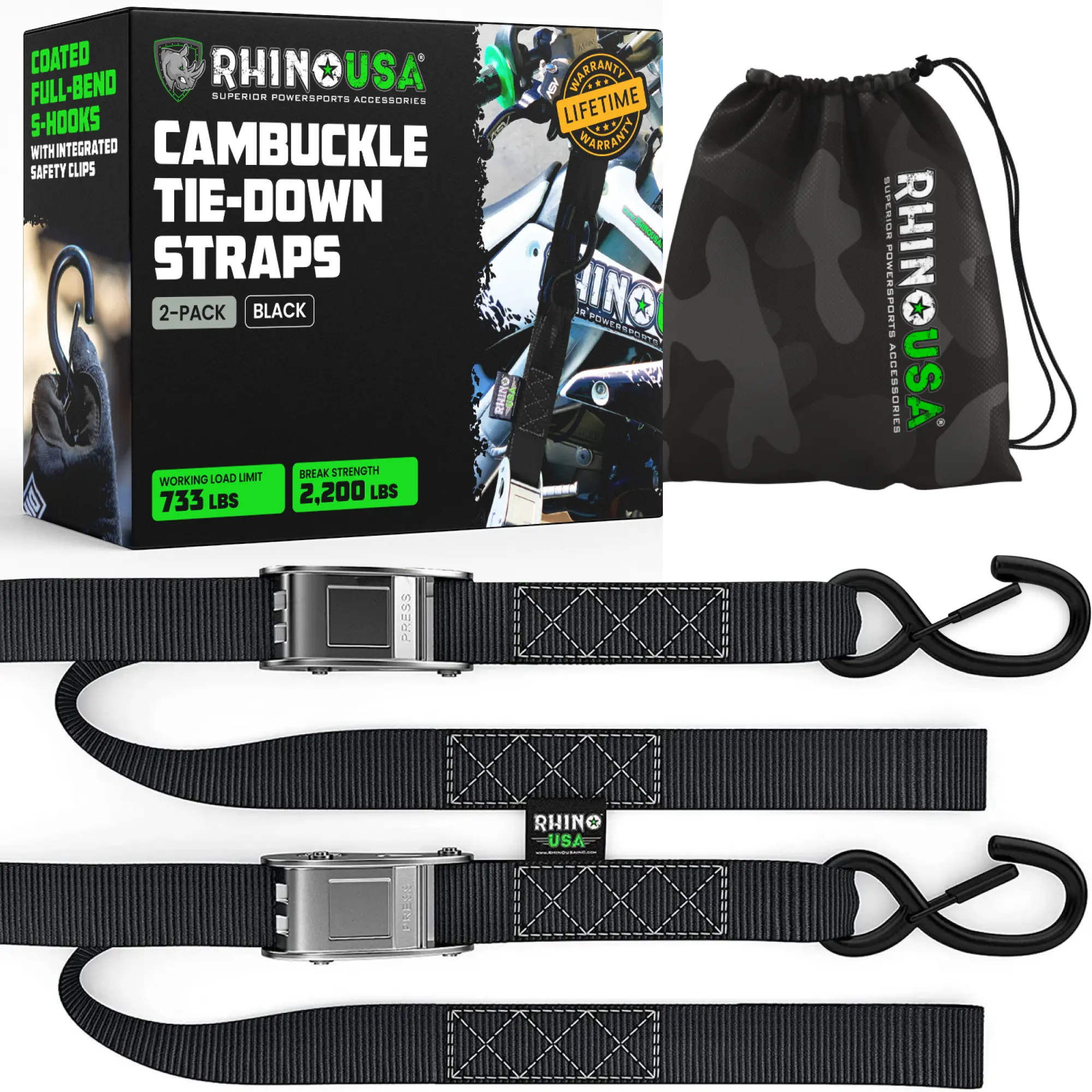 Rhino USA Motorcycle Tie Down Straps 1.5"x88' Lab Inspected 2,200lb Break Strength, Steel Cambuckle Tiedown Set with Integrated Soft Loops Rhino USA Motorcycle Tie Down Straps 1.5"x88' Lab Inspected 2,200lb Break Strength, Steel Cambuckle Tiedown Set with Integrated Soft Loops
