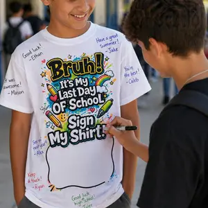 Unisex "Bruh It's My Last Day Of School" Graphic T-Shirt, Sign My Shirt Autograph Tee, End of Year Celebration Print Short Sleeve, Colorful Graffiti Style Top, Last Day Of School Fun Gift Tee, Graduation Season Novelty Shirt, Black & White, Up to 3XL