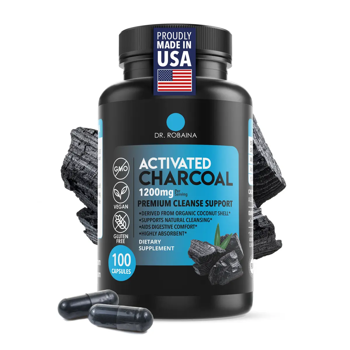 Dr. Robaina Activated Charcoal 1200mg - Gas & Bloating Relief (100 Caps)