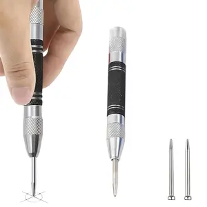 1 PCS Automatic Center Punch with 2 Extra Bits 5 Inch Heavy Duty Steel Spring Punch Tool, Hand Tools, Adjustable Tension, Rustproof, Polished, Round Head, Suitable for Metal, Glass
