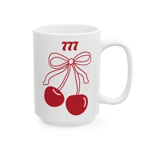 777 Angel Number Cherries Glossy Reusable Coffee Ceramic Cup - Coquette Bow Kawaii 11oz-15oz White Washable Kitchenware Drinkware, Reuse