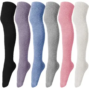 6 Pairs Women Knee High Fuzzy Socks Soft Long Thigh High Warm stockings Cozy Slipper Plush Socks