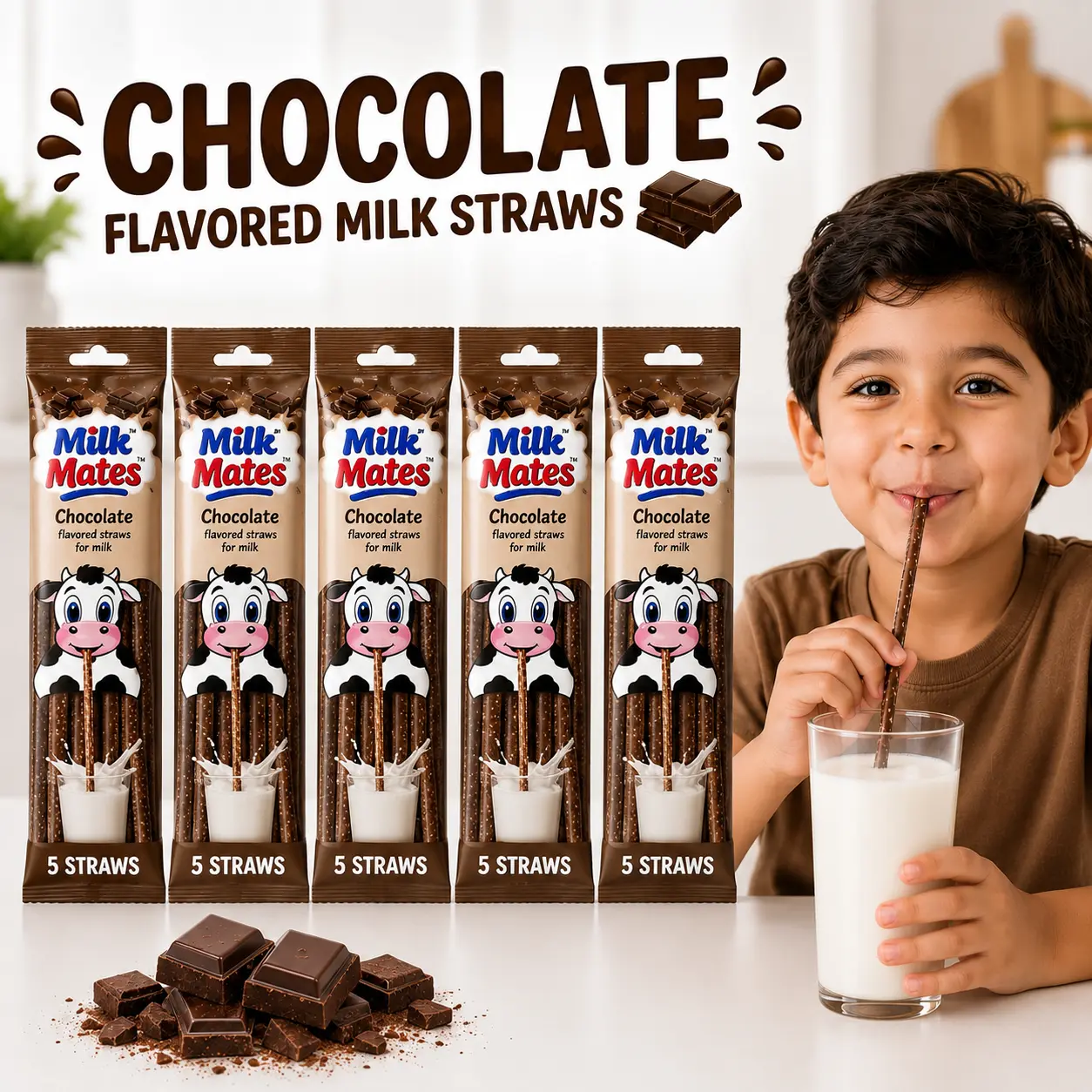 Chocolate Milk Mild Flavor Straws for 7 oz Glass of Milk – 25 Straws Total (5 Packs, 5 Straws Each), Milk Enhancer Straws for Kids & Adults, No Powder, No Mess, Perfect for 7 oz Glass of Milk, Fun & Easy Way to Enjoy Milk