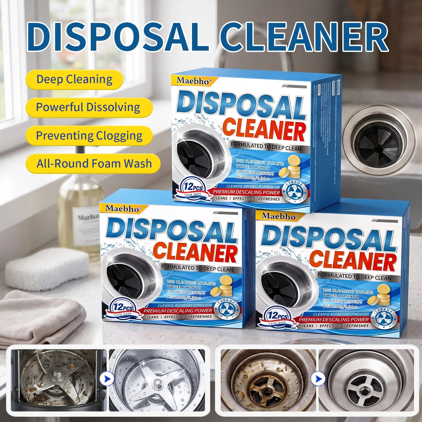 Household Kitchen Focus Solid Form Garbage Disposal Cleaning Pills Drain Openers, Sink Drain Stain & Odor Eliminator, Deep Cleaning & Decontamination, Long-Lasting Fresh Fragrance for Waste Disposer