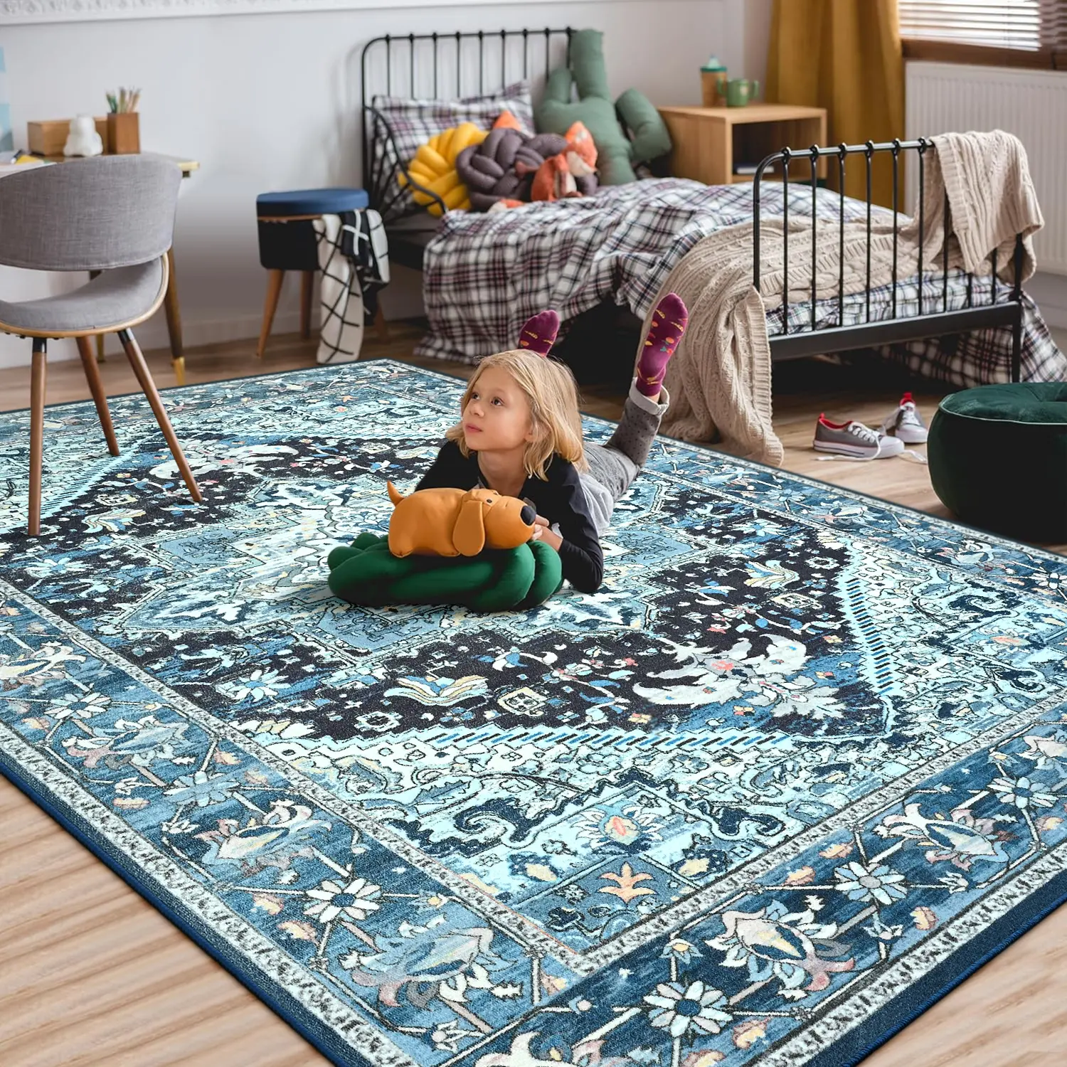 Blue Luxurious Persian-Inspired Imitation Cashmere Vintage Area Rug - Non-Slip Backing, Washable & Stain-Resistant, Living Room Rugs, Home Decor Indoor Carpet for Bedroom, Rugs For Living Room