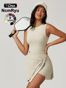 Women's sleeveless plain weave mid stretch flat shoulder beautiful back split strap integrated yoga skirt pants  outdoor sports hiking tennis cycling Pilates jumpsuit  summer new comfortable lace up jumpsuit pants