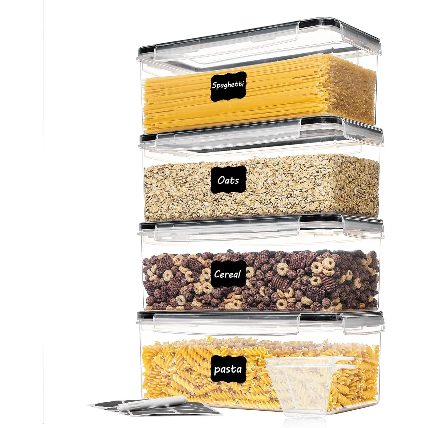 Airtight Food Containers with Side-Locking Lids, 4PCS Polypropylene 3.2L Set for Pantry Use, BPA-Free Plastic Spaghetti Pasta Organizer for Indoor Recreation Kitchen Storage, Food Container