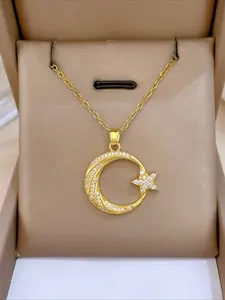 Elegant Moon Star Copper Zircon Moon Goddess Pendant Necklace, Stainless Steel Chain, Women's Fashion Jewelry, Perfect Gift for Valentine's Day & Mother's Day