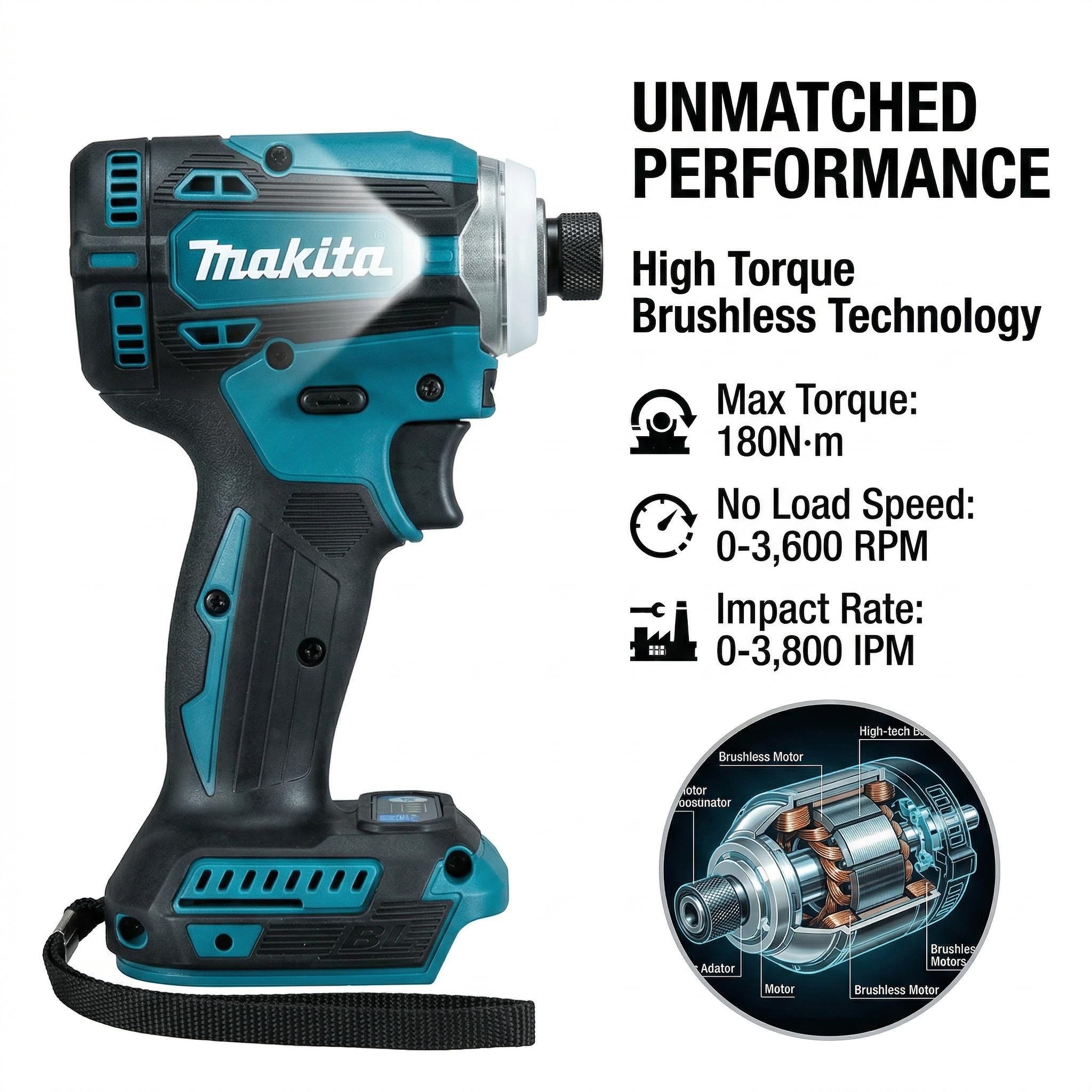 Makita DTD171 Brushless Impact Driver with 18V Lithium-Ion Battery & Charger – 180 N·m Torque for M5 to M16 Bolts
