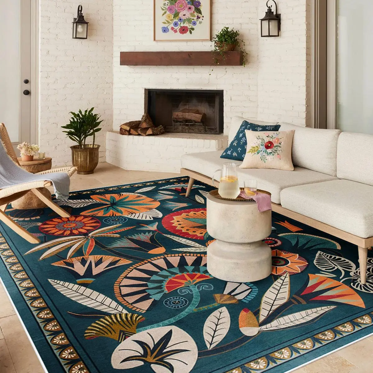 Floral Pattern Rug, Non-slip Washable Floor Mat, Soft Floor Carpet, Decorative Area Rug for Home Living Room Bedroom, Home Decor, Botanical Area Rugs, Flower Pattern Rugs, Bohemian Area Rug, Boho Floral Rug, Bohemian Style Rugs, Machine Washable Rug