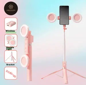 Dual light 1.7m stand tripod integrated selfie stick,remote control self-timer pink Phone Accessories, bluetooth tripod,Suitable for self-portrait lighting and travel carrying Back To School