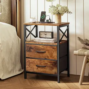 Huuger Night Stand with Charger Station, 2 Drawer Nightstand with Open Shelf, Bed Side Table with USB-C Port, End Table, Compact Size for Small Spaces, X Shaped Side Rail