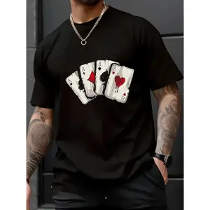 Men's 100% Cotton Playing Card Print T-Shirt, Crew Neck Short Sleeve Casual Tee, 180GSM Knit Fabric, Slight Stretch, Black Shirt for Men & Women, Hiking Outdoor Sports Weekend Wear