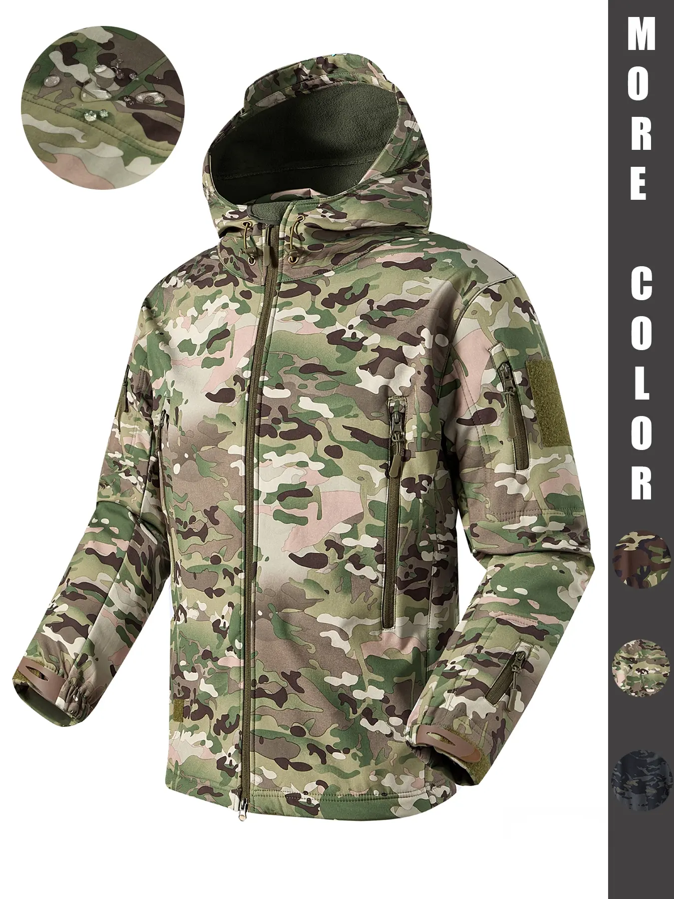 Men's Camo Softshell Army Jacket, Soft Shell Jackets, Waterproof Windproof Lightweight Outdoor Activity Hoodie, Multi-Pocket Tactical Hunting Hiking Clothing, Waterproof Windproof Sports Outerwear