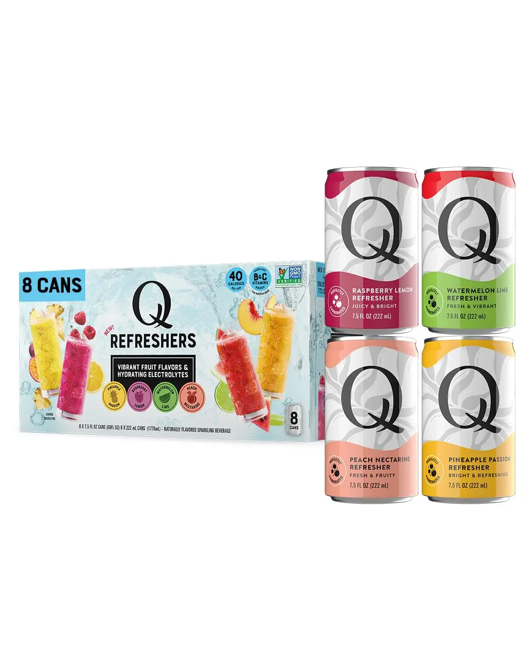 Q MIXERS Refreshers Sparkling Hydration Beverage Variety Pack (8PK) – 2 of Each Flavor: Pineapple Passion, Watermelon Lime, Raspberry Lemon & Peach Nectarine – Electrolytes + Vitamins, Mocktail & Cocktail Mixer - 7.5oz per Can
