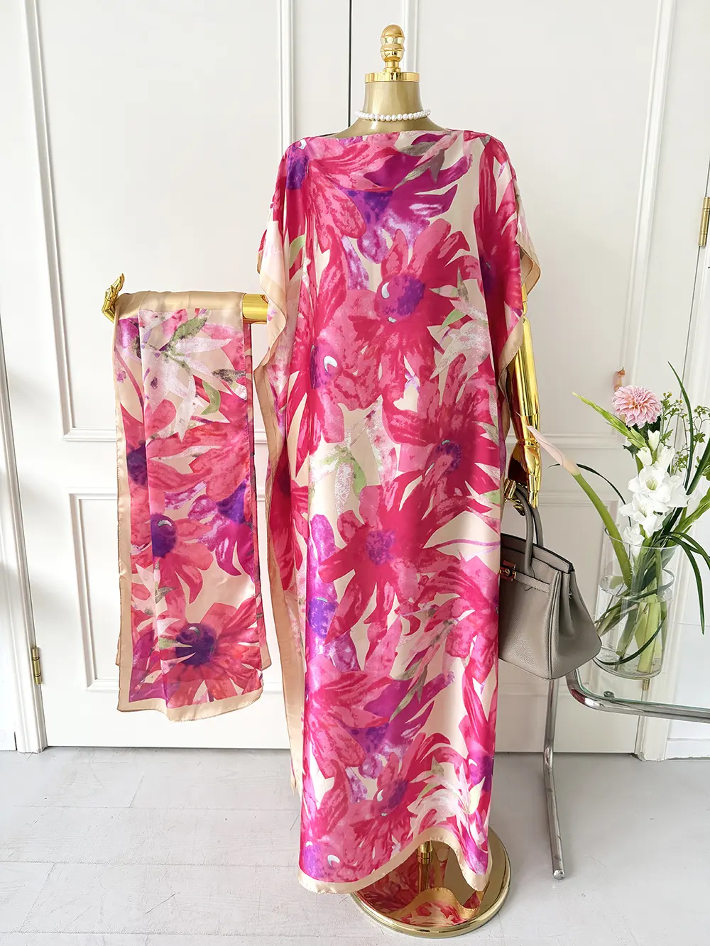 Lady's Casual Wear 2-Piece Floral Print Lightweight Woven Robe Set - Female Stylish Clothes Including Moo Moo Dress & Scarf Headband, Thin All-Season Beach Sun Protection Outfit, Birthday Outfits Option