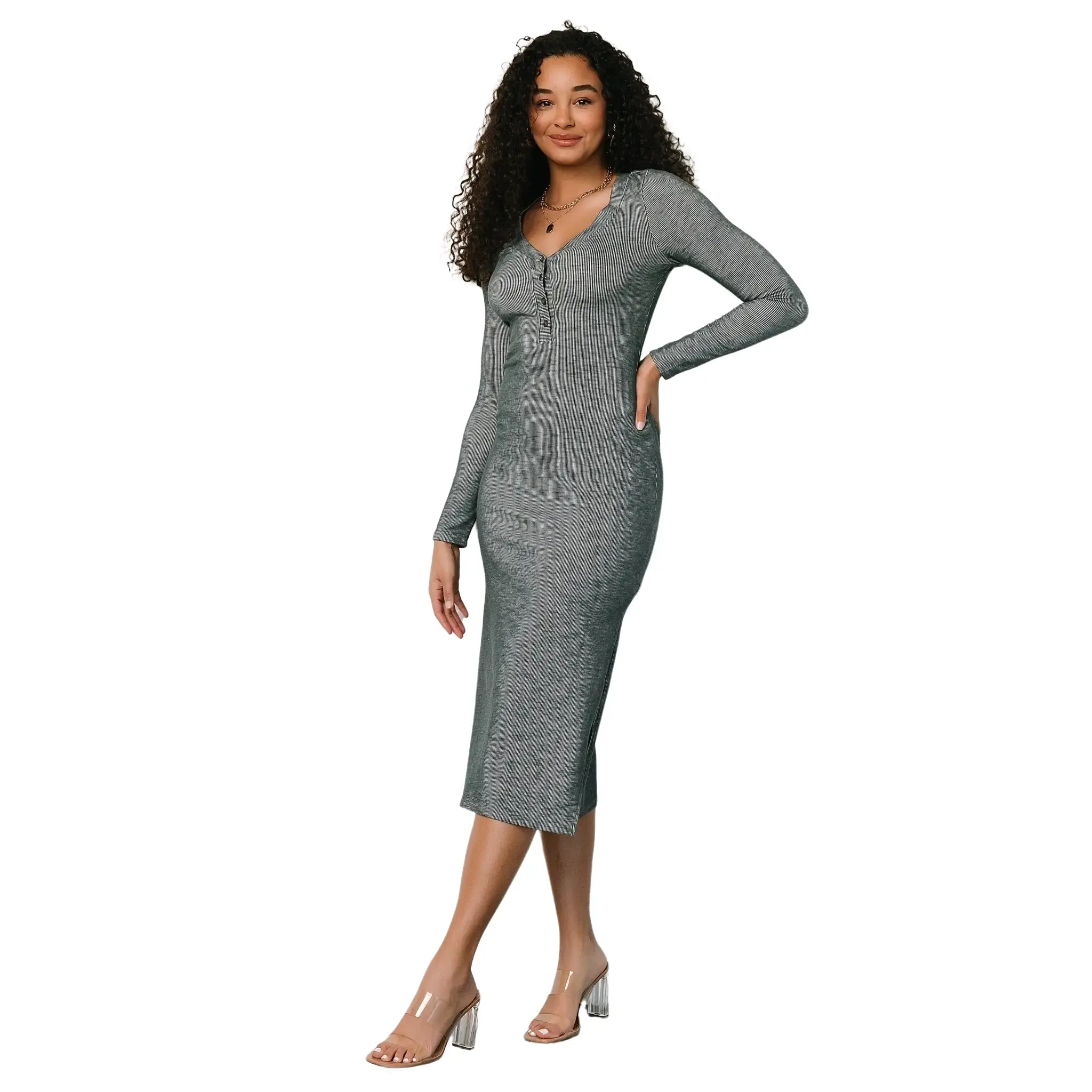 Women's Denver Ribbed Long-Sleeve Midi Dress, Straight Cut, Clean Lines, Stretch Fabric, Heathered Jade