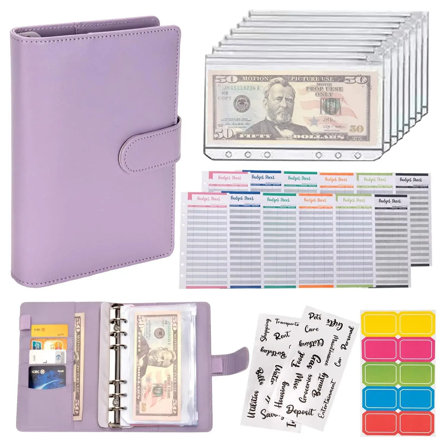 A6 Budget Binder Set, 1 Count Budget Planner with 2 Counts Personality Stickers & 12pcs Budget Sheets & 8 Counts Binder Pockets & 10pcs Multi-colored