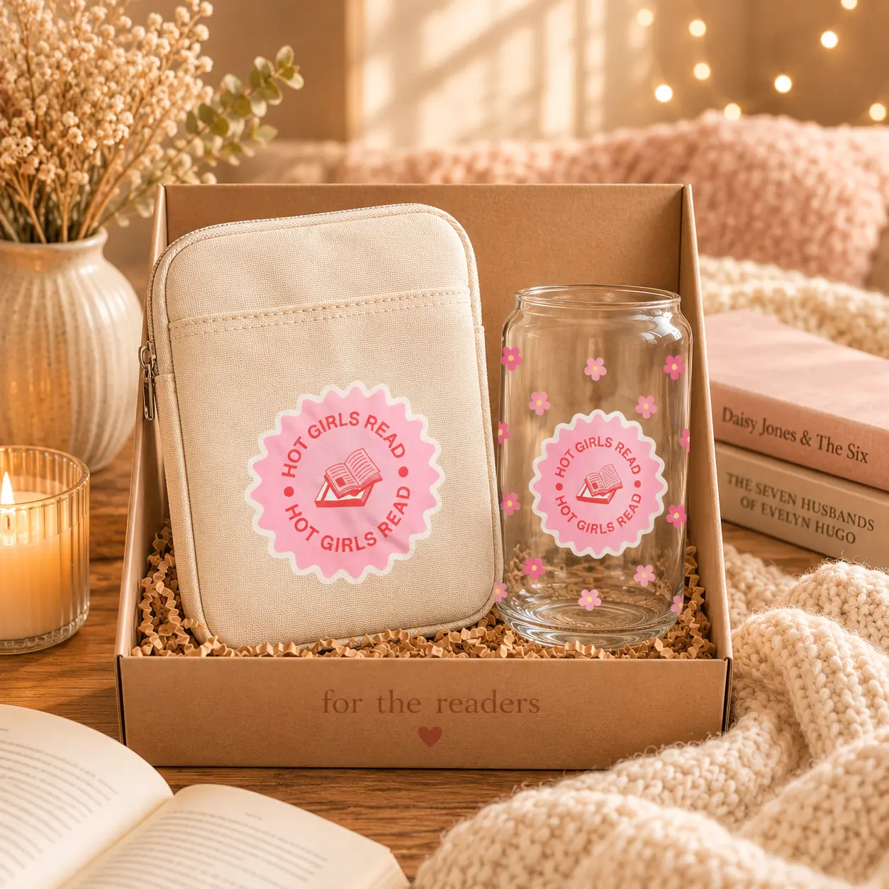 Ultimate Cozy Reader Gift Box with Premium Padded Kindle Sleeve & 16 oz Libbey Glass Can for BookTok Lovers Handmade with Love