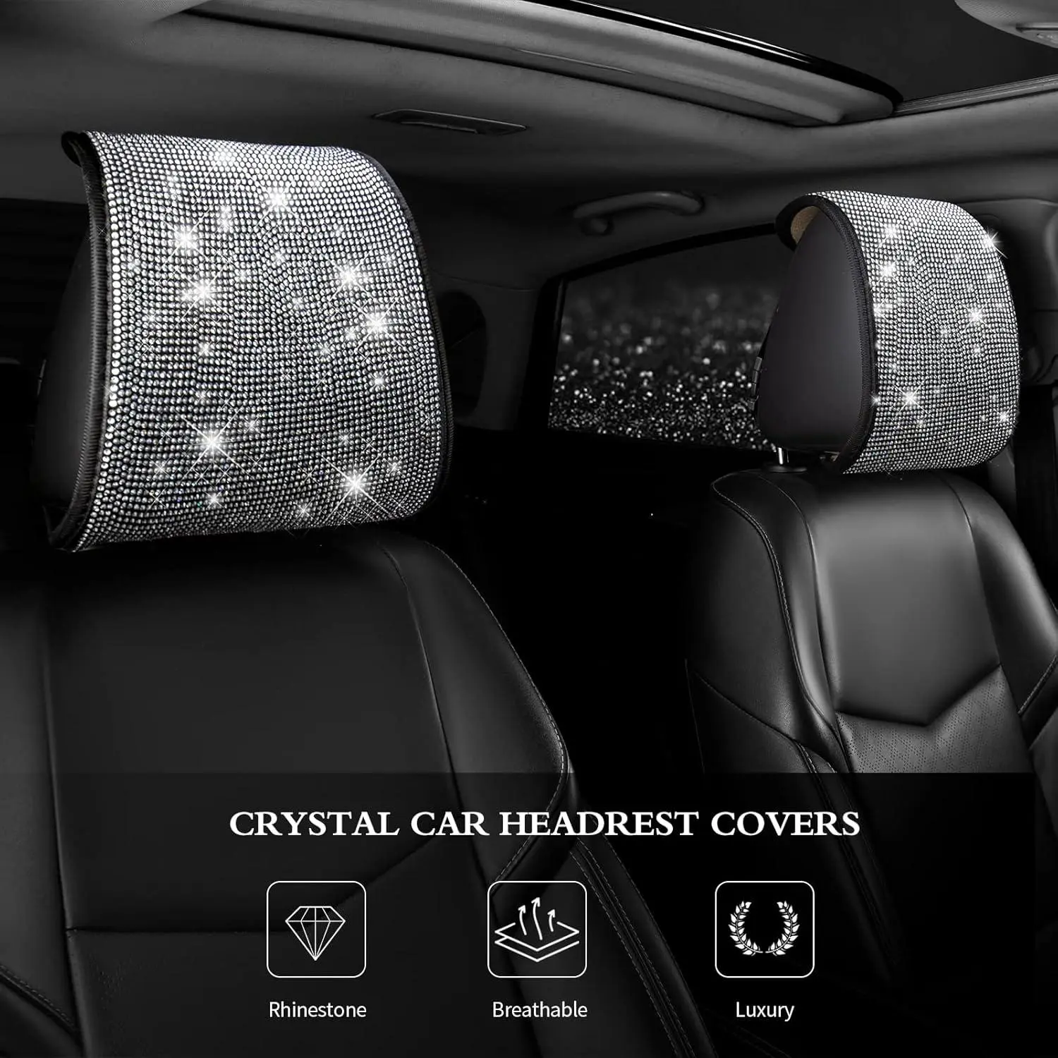Rhinestone Decor Car Headrest Cover, 2 Counts Shinny Car Headrest Protector, Bling Car Accessories, Car Interior Decorative Accessories, Car Interior Accessory, Car Interior Decoration for Women & Girls, Car Interior Ornaments