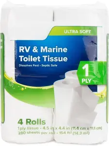 RV & Marine Toilet Paper - 4 Rolls - 1-Ply Quick Dissolve Septic Safe Bath Tissue - Dye & Fragrance Free - 280 Sheets Per Roll - Ultra Soft & Easy Maintenance